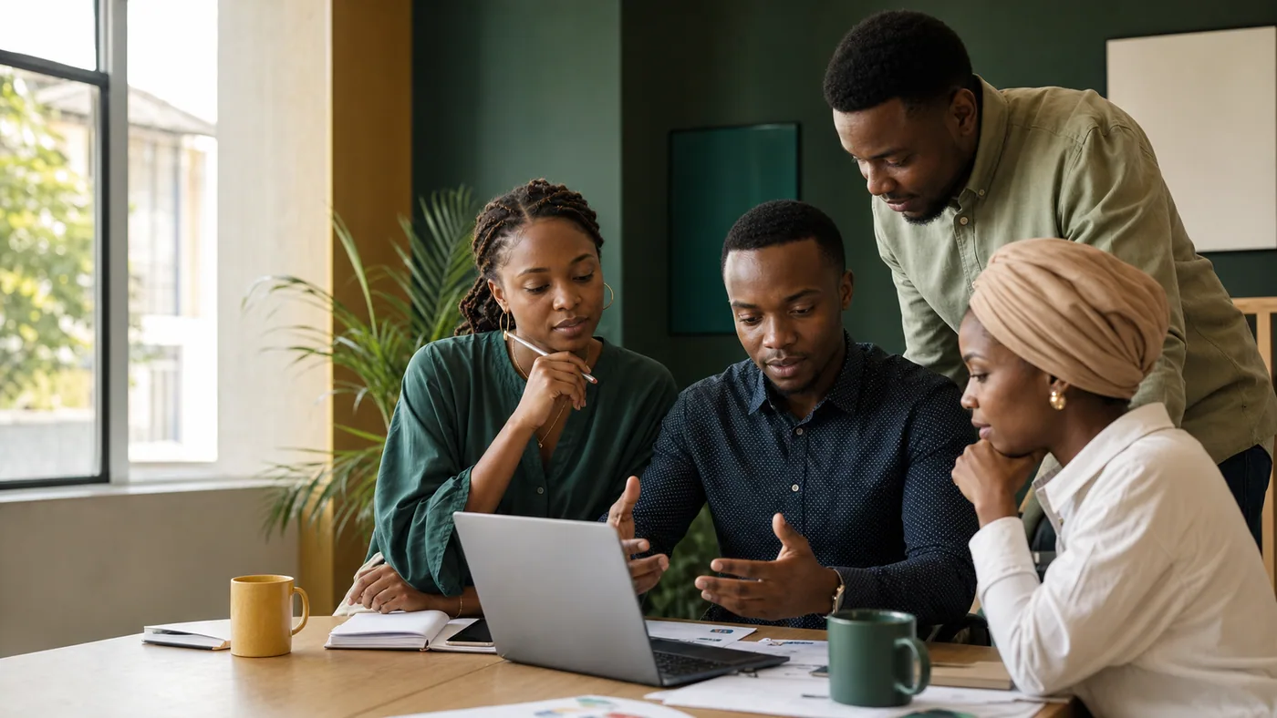 Four colleagues reviewing campaign plans around a laptop in a sunlit office